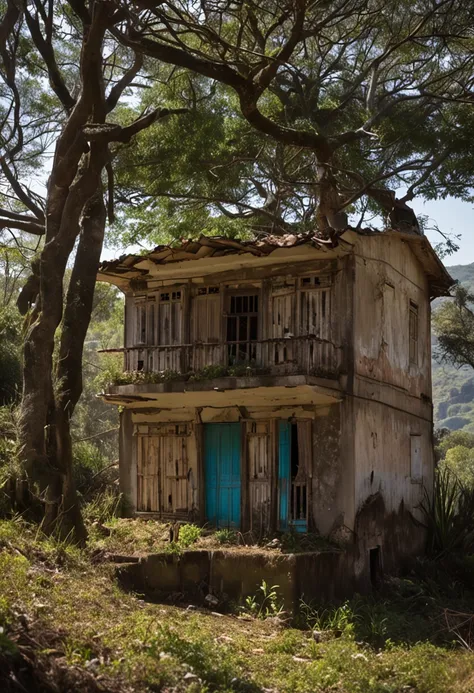 uma velha casa de madeira sentada em um campo com uma montanha ao fundo, casa abandonada, Dilapidated house, casa abandonada velha, casa velha, um velho abandonado, casa abandonada, Casa de campo abandonada, dilapidated houses, abandonado, olhar dilapidado...