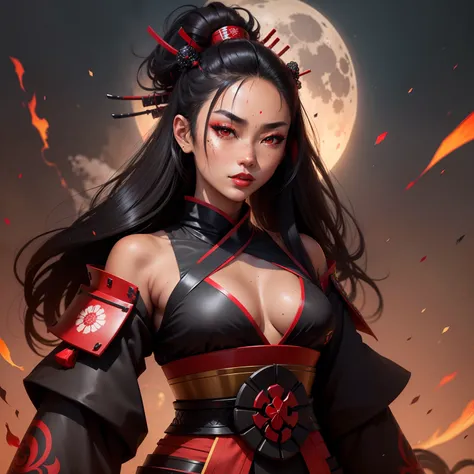 Female samurai warrior, jet black hair, dark skinned tanned, red black, bright moon, freckles on the face, red lipstick, full body, no extra hair, diamond shaped face, cover top, black eyeballs, geisha warrior, brown tan skinned, sexy hair style, extravaga...