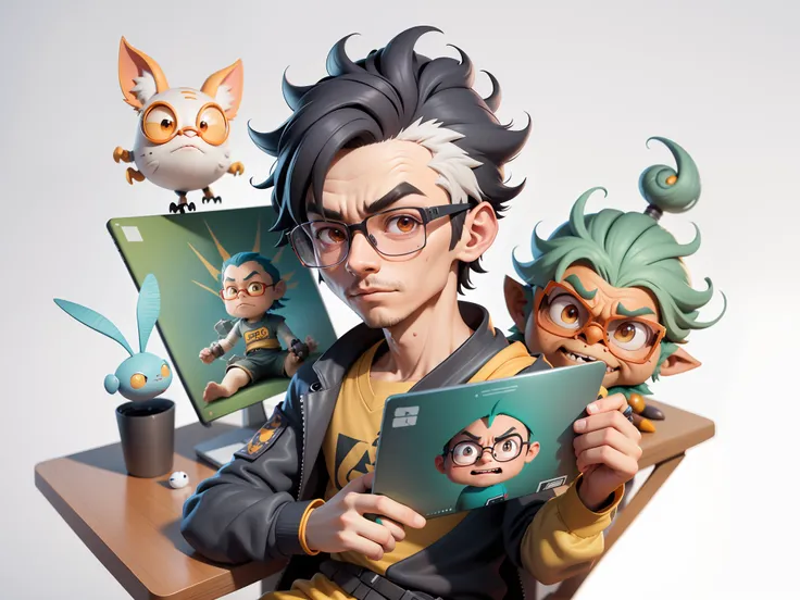 A young man with glasses sits at his desk，holding laptop，digitial painting，3D character design by Mark Clairen and Pixar and Hayao Miyazaki and Akira Toriyama，4K HD illustration，Very detailed facial features and cartoon-style visuals。