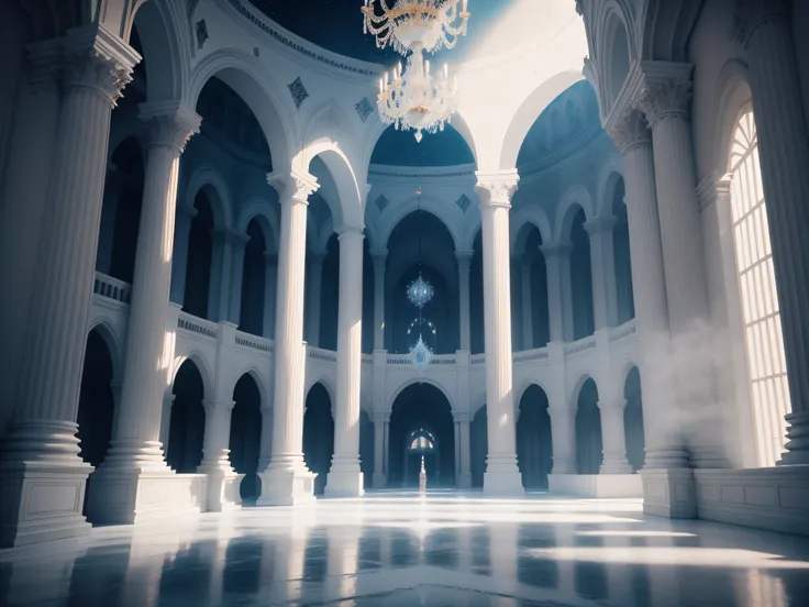 spectacular ice stage featured inside a palace, beautiful ice palace, paisagem deslumbrante com ambiente nevado e esculturas de gelo nas laterais ultra realista e floresta de inverno ao fundo, ultra realista 4k