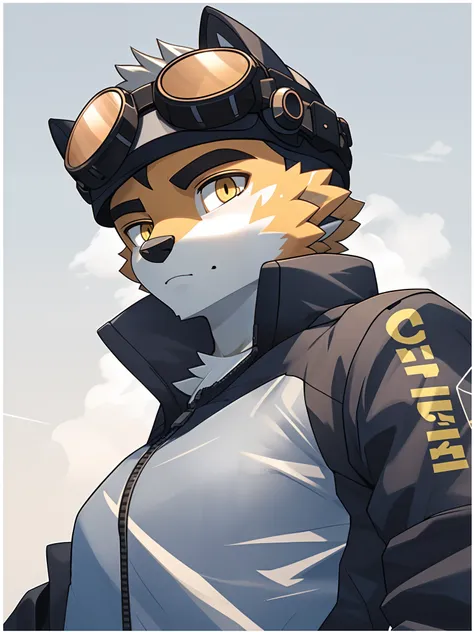 Furry，Teenage uncensored，Strong，Young，light yellow eyes，Wear transparent goggles with a light yellow border，Cool reflective clothes，CG，4K，Beautiful，Orange skin，The individual fills the whole picture，Gray solid background，Q version，quit