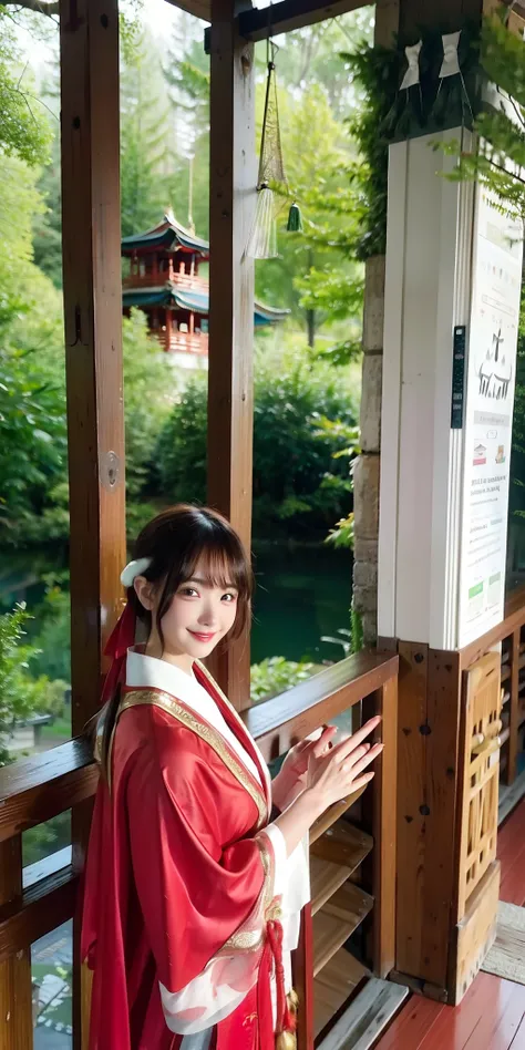 (8K, 4K, Best quality, A high resolution:1.2), The background is a temple in the forest，Quiet，rained，Young girls，16 yaers old，chineseidol，Wearing a red cape，Beautiful looks，二重まぶた，Height 158 cm，frontage，had his hands folded，devout，adolable，