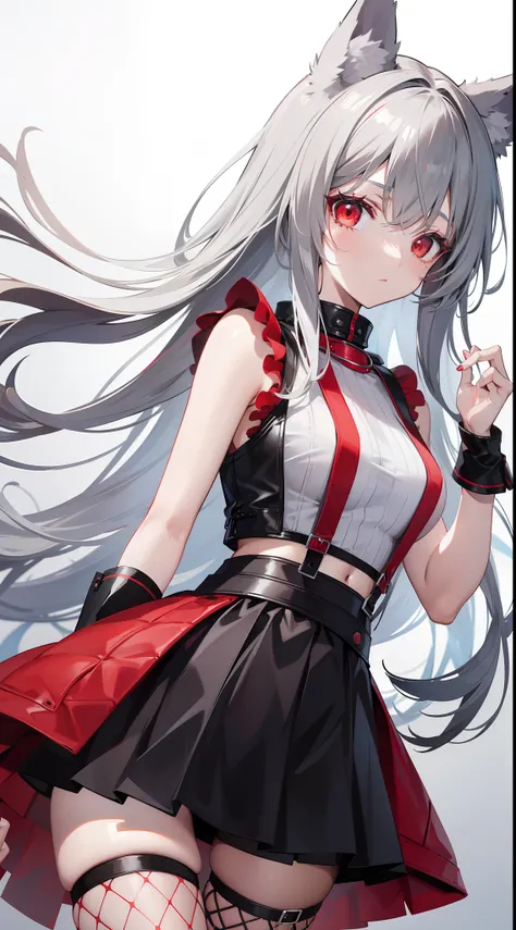 adult girl, Gray hair of medium length, red eyes, wolf ears, Red tight top, Sleeveless, fishnet tights, leather skirt, Masterpiece, hiquality