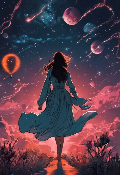 An astrally travelling floating beautiful woman at night