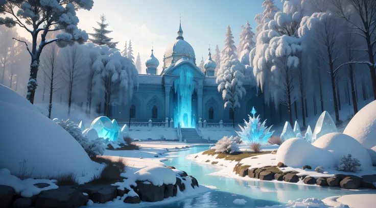 Garden of a beautiful ice palace, paisagem deslumbrante com ambiente nevado e esculturas de gelo nas laterais ultra realista e floresta de inverno ao fundo, 4k ultra realista