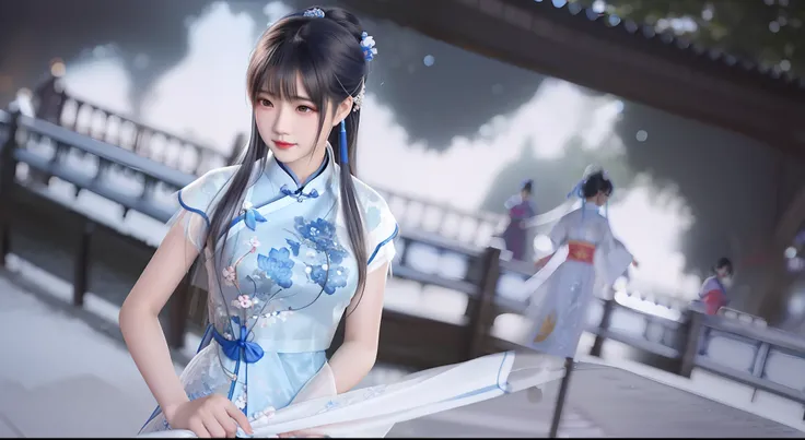 Arapei Asian woman in blue and white dress standing on the bridge, wearing a blue qipao dress, Cheongsam, Traditional Chinese clothing, Chinese dress, in a blue qipao, Chinese girl, with acient chinese clothes, Chinese style, Chinese costume, Chinese tradi...