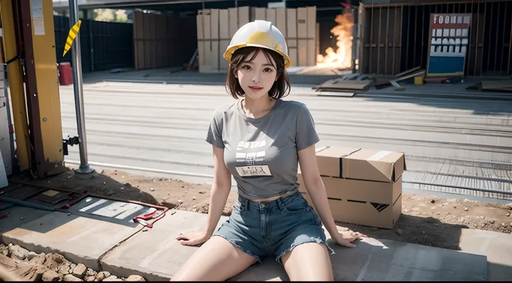 Full body portrait of a middle-aged woman on a construction site，Sit on building materials，hardhat，denim short，Shabby gray T-shirt，Sweat soaked clothes，perfect bodies，detail-rich，shiny skin，电影灯光