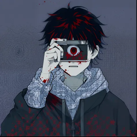 1boys, Portrait, Pure white background, Dark blue hair, Black eyes, Eye spiral, ringed eyes, blood spatter, Plain beige hooded sweatshirt，With stains of blood，The black jacket was stained with blood，Handheld camera，The camera has a scary eye