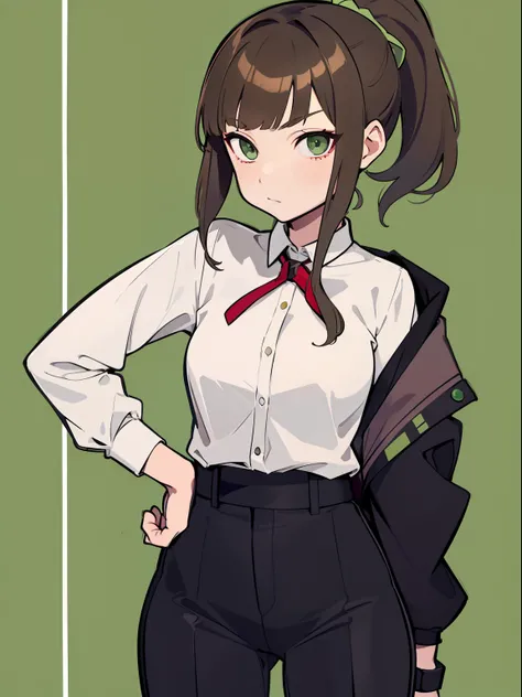 （tmasterpiece）femele，a matural female ，Female teacher，Tall figure，light-brown long hair，High ponytail，longponytail，Green eyes，M-shaped bangs，leisure wear，trouser，simple backgound，