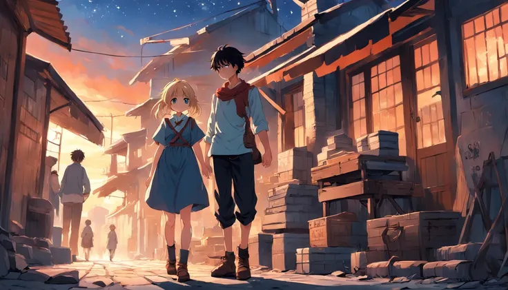 (an adventurous peasant boy, with sad countenance) and (a young peasant woman), wearing shoes, in a shop, anime style, book cover style, sunset as day gives way to night, a starry sky begins to rise above , surrounding image