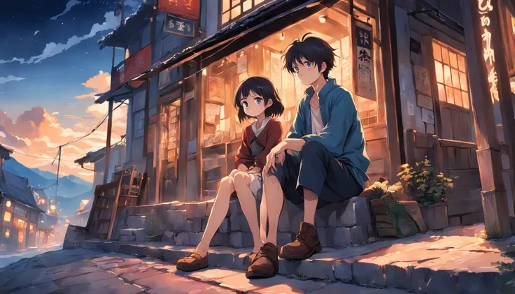 (an adventurous peasant boy, with sad countenance) and (a young peasant woman), wearing shoes, in a shop, anime style, book cover style, sunset as day gives way to night, a starry sky begins to rise above , surrounding image