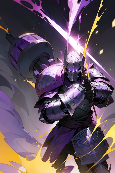 Standing strong body，Holding a long-handled hammer in his hand，Wearing heavy armor，Decorated with purple patterns，The aura is powerful，A old man