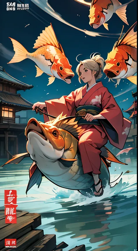 Girl riding a giant carp、Woman in Kimono、Comic Comic Book Cover