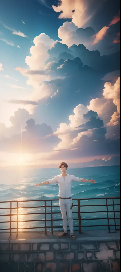 Change background anime clouds and sea, handsome boy realistic, 8k ultra HD