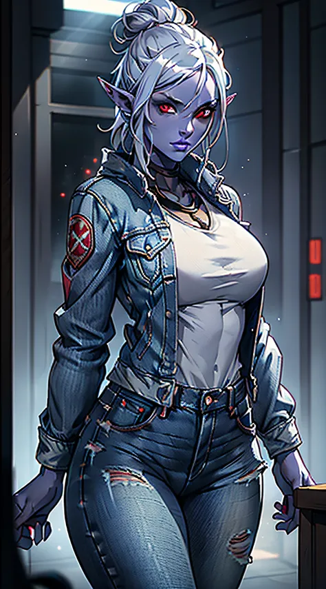 1girl, sexy drow, dark purple-blue skin, pale silver hair bun, ((red eyes)), elf ears, wears ((opened denim jacket)) and ((jeans)), ((cast light magic)), posing on a busy streer, athletic, volumetric lighting, best quality, masterpiece, realistic, anatomic...