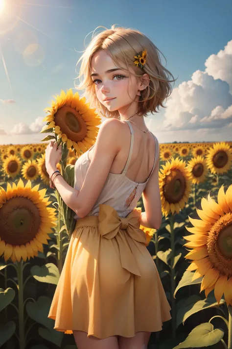 Adolescent, Bouger, surrounded by wheat fields, looking back, sun light, Souriant, Poser avec un signe de paix, tenant un tournesol dans sa main, sunflower covering their eye, cheveux mi-longs, androgyne, visage souriant, holding a sunflower in hand