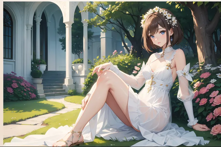 Official Art, Masterpiece European female, elvish, short hair, pale brown hair , brown eyes, (​masterpiece、top-quality、hight resolution: 1.4),in 8K, Drawing of a woman with short pale brown hair, Anime Art Nouveau, highly detailed exquisite fanart, anime f...