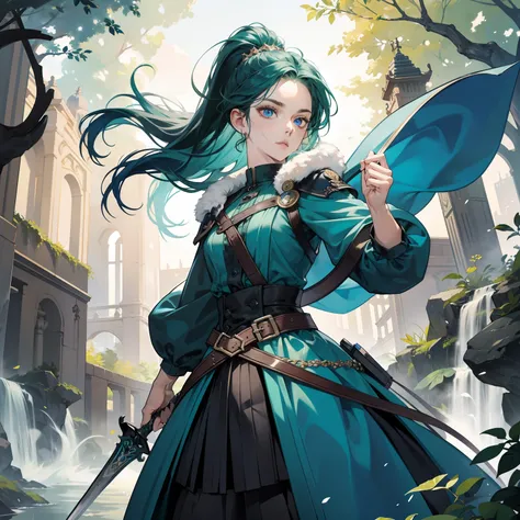 looking right at camera!!! Arrogant!! Perspective from bottom!!! Blue eyes, perfect face! dark blue-green hair!!! Looking arrogantly right at camera!!! Sword pointed at camera!!!!!!!!!