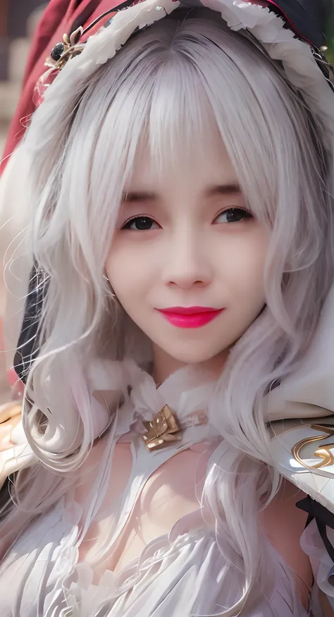 a close up of a woman with a white wig and a red hat, white haired deity, white haired, with long white hair, girl with white hair, white-haired, perfect white haired girl, loong, white haired lady, portrait knights of zodiac girl, with white long hair, ke...