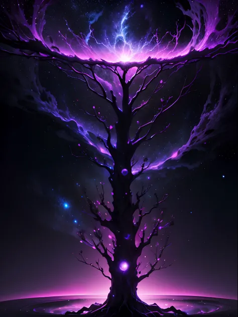 the boundless universe，Dangerous black holes，Floating stellar nebula，Negative dark mode，Artistic representation of the World Tree, Its roots penetrate deep into the colorful gas of the celestial nebula, Its branches touch distant stars