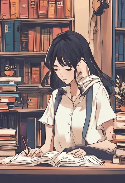 In the corner of the bookstore、Girl writing down a secret diary。In her eyes、Overflowing with dreams and hopes for the future。Girl with black hair、White dress、