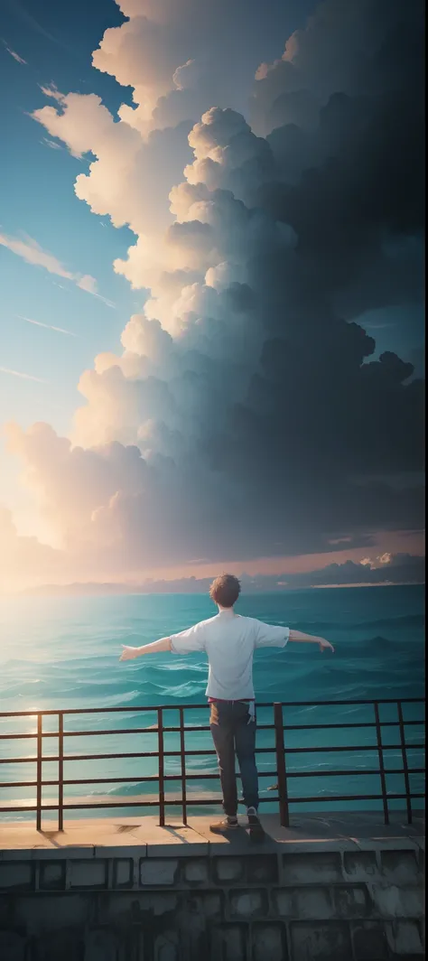 Change background anime clouds and sea without sun, remove boy realistic, 8k ultra HD