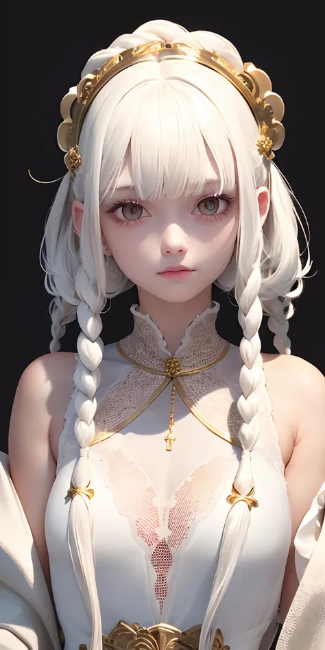 best quality, masterpiece,white hair, gold eyes,white clothes, looking up, upper body,hair strand,Fair skin,side braids