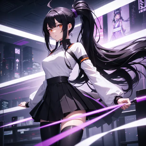 1girl, solo, sakifuwa, very long hair, ponytail, orange eyes, black hair, ahoge, black tights, white samurai suit, long leggings, purple strain of hair, very purple long skirtm, looking at viewer, at cyberpunk