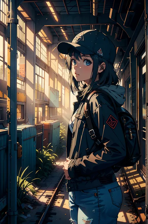 A lonely girl exploring an abandoned train station, wearing jacket and cap and full jeans and with a backpack, broken windows, (sunlight coming through, God rays, ray tracing), ((2d illustration:1.2)),(1girl:1.3)