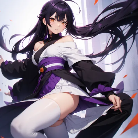 1girl, solo, sakifuwa, very long hair, ponytail,off shoulder, orange eyes, black hair, ahoge, black tights, white samurai suit, long leggings, purple strain of hair, very purple long skirt