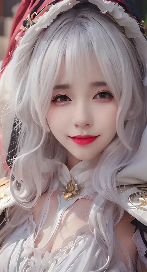 a close up of a woman with a white wig and a red hat, white haired deity, white haired, with long white hair, girl with white hair, white-haired, perfect white haired girl, loong, white haired lady, portrait knights of zodiac girl, with white long hair, ke...