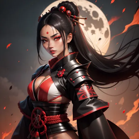 Female samurai warrior, jet black hair, dark skinned tanned, red black, bright moon, freckles on the face, red lipstick, full body, no extra hair, diamond shaped face, cover top, black eyeballs, geisha warrior, brown tan skinned, sexy hair style, extravaga...