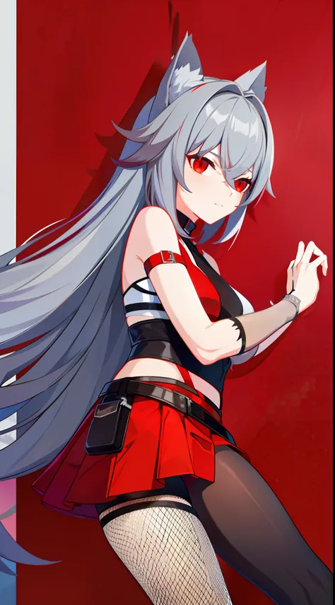 adult girl, Gray hair of medium length, red eyes, wolf ears, Red tight top, Sleeveless, fishnet tights, leather skirt, Masterpiece, hiquality