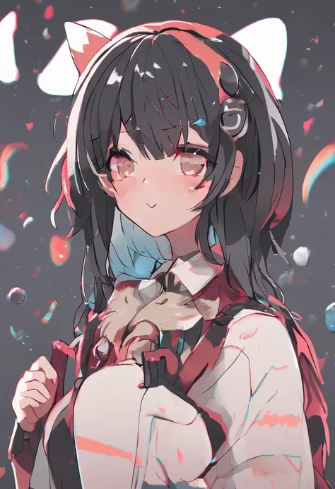 black hair, hair bobbles, wince, longeyelashes, solid circle eyes, fake animal ears, light smile, ear blush, fang, drop shadow, anaglyph, stereogram, tachi-e, atmospheric perspective, 8k