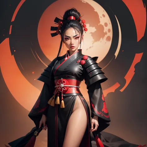 Female samurai warrior, jet black hair, dark skinned tanned, red black, bright moon, freckles on the face, red lipstick, full body, no extra hair, diamond shaped face, cover top, black eyeballs, geisha warrior, brown tan skinned, sexy hair style, extravaga...