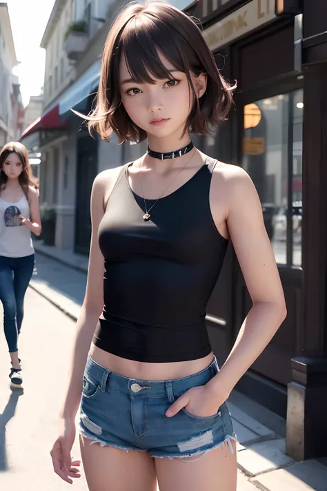 ((medium breast, tomboy girls, small head)), daylight, sunlight, (chiseled abs : 1.1), (perfect body : 1.1), (short wavy hair : 1.2) , auburn hair, collar, chain, full body shot, crowded street, wearing black tanktop, jeans jacket, ((shorts)), (extremely d...