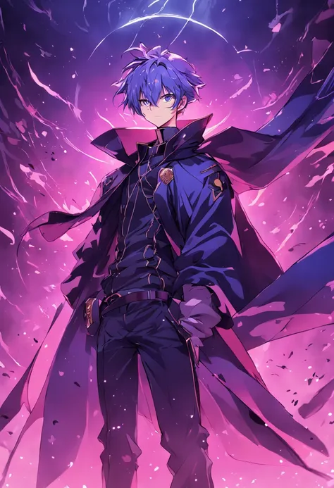 anime character with a purple cape and a black cape on, badass anime 8 k, trigger anime artstyle, tall anime guy with blue eyes, detailed key anime art, advanced digital anime art ”, with index finger, key anime art, ufotable art style, shirow masamune, sh...