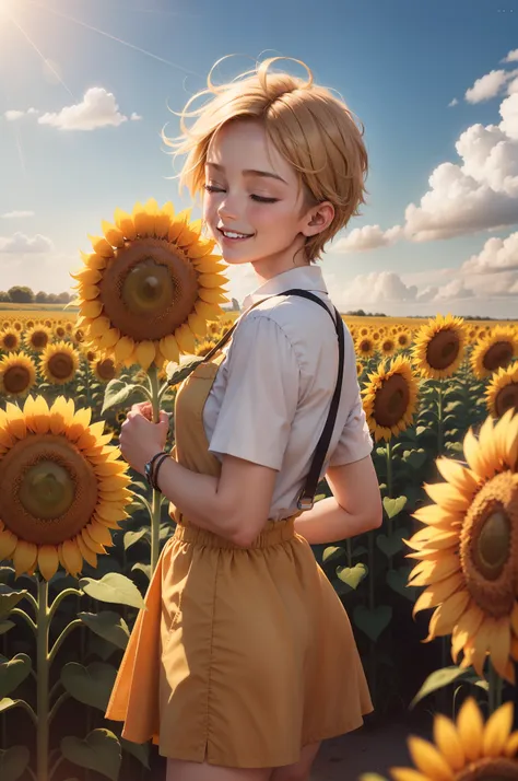 Adolescent, Bouger, surrounded by wheat fields, looking back, sun light, Souriant, Poser avec un signe de paix, tenant un tournesol dans sa main, sunflower covering their eye, cheveux mi-longs, androgyne, visage souriant, Tenant un tournesol dans sa main, ...