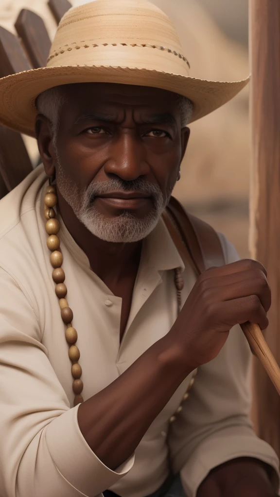 Crie a imagem um homem sexo masculino velho afrodescendente, extremamente perfeito, hiperrealista com a idade de 90 anos, olhos brilhantes, cansados e triste, pele negra, holding an extremely perfect brown wooden pipe rich in carved details Extremely wrink...