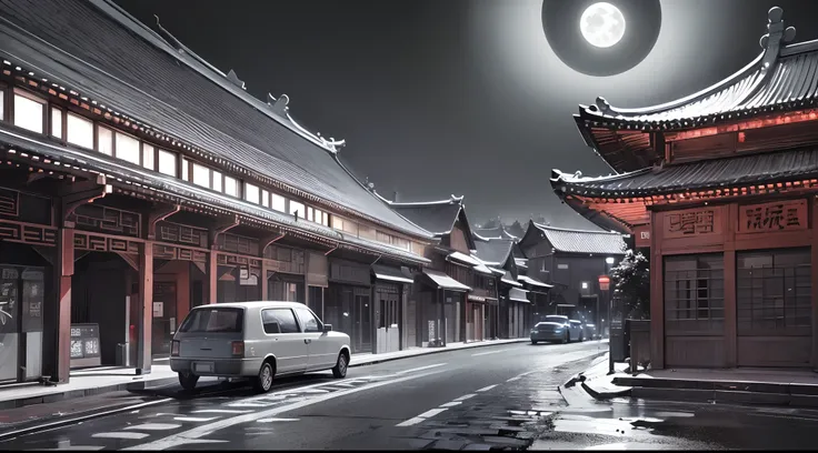 offcial art、Ancient China、Old street、（the night）、(Dull monochrome,Light shades,)，（themoon）lindo cenario、epic landscapes、Luzes Realistas、tmasterpiece、high high quality、Beautiful graphics、high detal、unreal engine rendered，Octane rendering，（hdr：1.3）