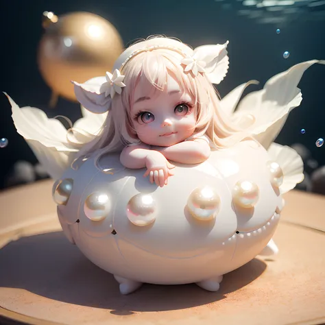 There is a small doll sitting on a white ball set with pearls, cute 3 d render, lovely digital painting, Cute detailed digital art, 3 D rendering character art 8 K, trending on cgstation, render of a cute 3d anime girl, wlop loish and clamp style, 3 d rend...