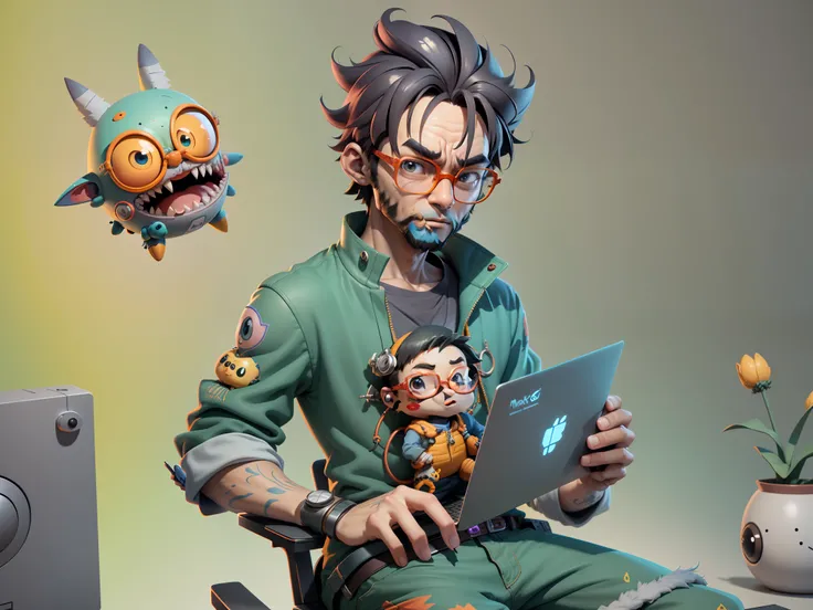 A young man with glasses sits at his desk，holding laptop，digitial painting，3D character design by Mark Clairen and Pixar and Hayao Miyazaki and Akira Toriyama，4K HD illustration，Very detailed facial features and cartoon-style visuals。