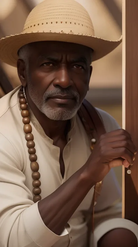 Crie a imagem um homem sexo masculino velho afrodescendente, extremamente perfeito, hiperrealista com a idade de 90 anos, olhos brilhantes, cansados e triste, pele negra, holding an extremely perfect brown wooden crucifix rich in carved details Extremely w...