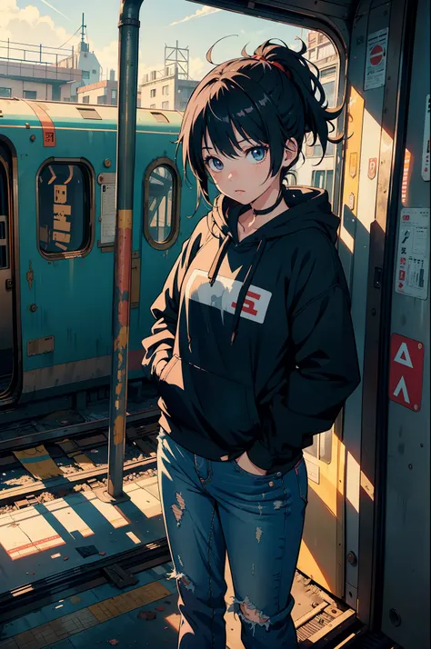 A playful little anime girl wearing a hoodie, full jeans, messy hair, (2d illustration:1.2), visual clutter, (1girl:1.3), ((abandoned train station, a train)), morning