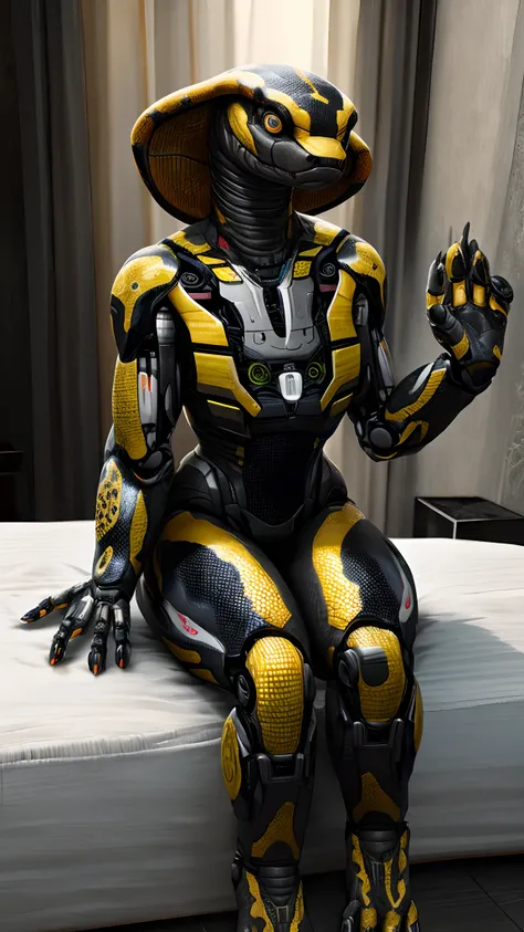 Bionic robot snake，female，sit on a bed，HD graphics，Detailed and realistic，high detal，high qulity，photo-realistic，photorealistic eye，Detailed paws，Clear eyes，Masterpiece artwork，Five-fingered hands