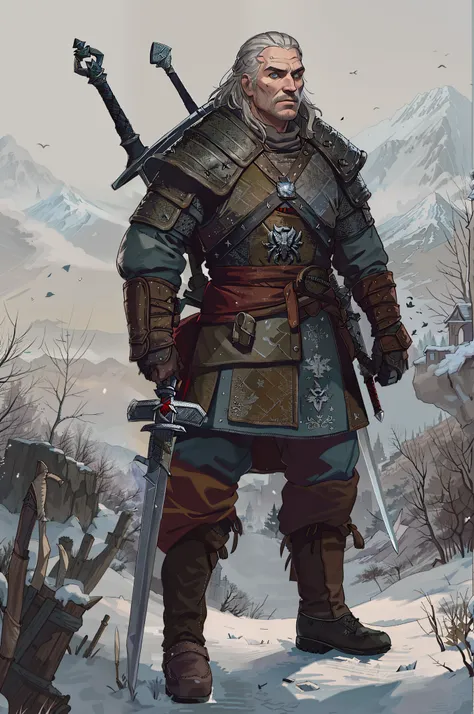 arafed image of a man with a sword standing in the snow, arte conceitual de the witcher, witcher)), para arte conceitual de pers...