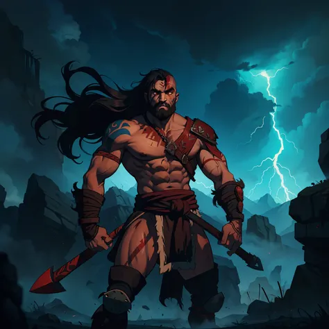 A barbarian warrior kratos style god of war, a barbarian warrior in a frenzy with long black hair and red eyes with tribal paintings on his body in a lightning storm in the skies, blue and dark colors;