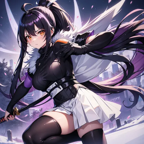 1girl, solo, sakifuwa, very long hair, ponytail, orange eyes, black hair, ahoge, black tights, white samurai suit, long leggings, purple strain of hair, very purple long skirt, holding sword, frost effects, frost particles, frost pillars, cyberpunk city