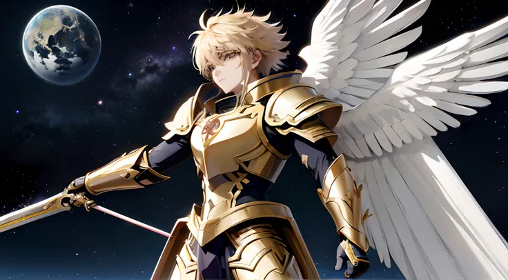 personagem de anime com asas e espada na frente de um planeta, Genos, Armadura Dourada Angelical, arcanjo, Arcanjo Miguel, Gilgamesh, Arte Oficial, arte chave, Serafim, arte chave detalhada do anime, knights of zodiac girl, Grande Ordem do Destino, Saint S...