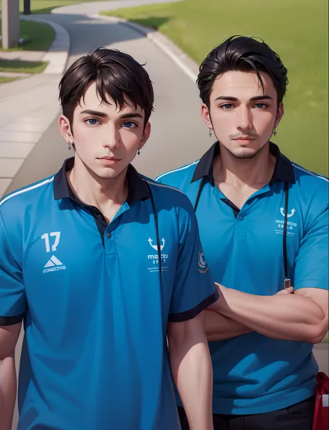 Attractive profile picture, 2 guys, masterpiece, ultra-precise rendering, beautiful and cool young man, trustworthy, dependable young man, savior of the world, simple design, 4k, facial hair, polo shirt, cross earrings.